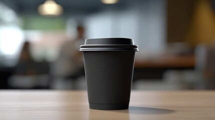 A black disposable coffee cup sits on a wooden table in a coffee shop.