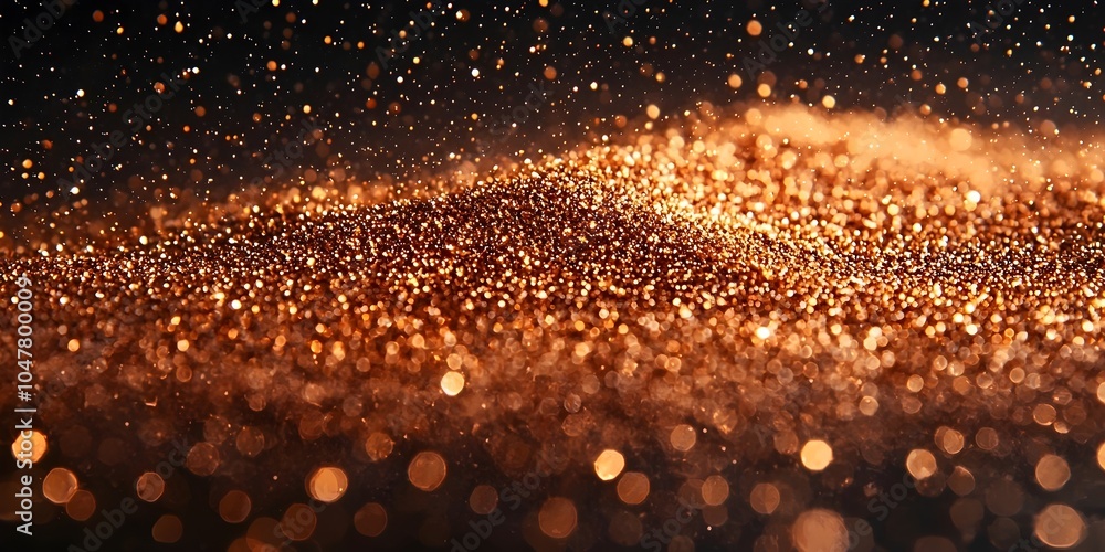 Poster an abstract display of shimmering golden glitter particles against a dark background, creating a mes