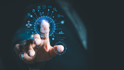 Concept Cyber security protection of privacy personal data. Businessman Thumbs up fingerprint to scan biometric authentication to connect username and password for unlock system safe crime Hacker.