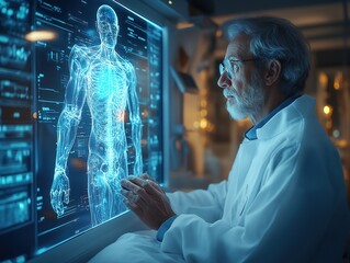 Doctor analyzing patient data on a holographic screen with AI-powered health diagnostics, modern hospital setting