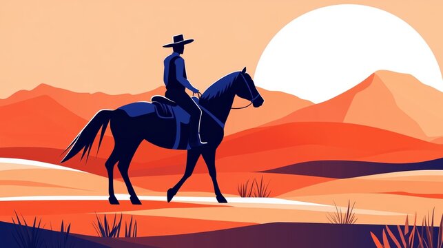 A cowboy riding a horse in the desert during sunset in a cinematic illustration. The cowboy rides off into the desert as the sun sets, creating a vivid silhouette against the colorful landscape.