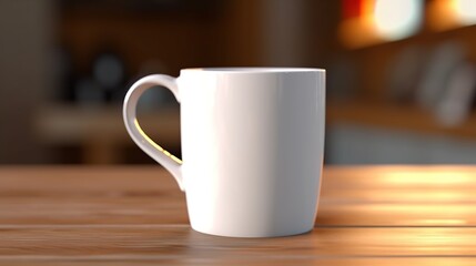 Fototapeta premium A white coffee mug with a handle sits on a wooden table.