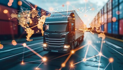 Black truck with global digital network overlay at container terminal
