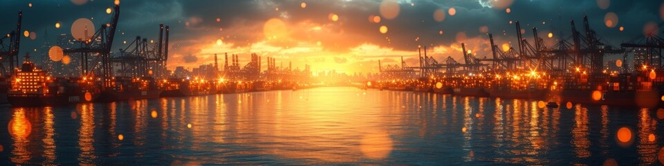 Sunset at the port with shipping containers and cranes
