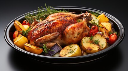 Roasted chicken with potatoes, tomatoes, and rosemary in a black dish on a black background.