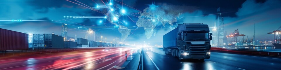 Cargo truck driving past container port in a global trade network