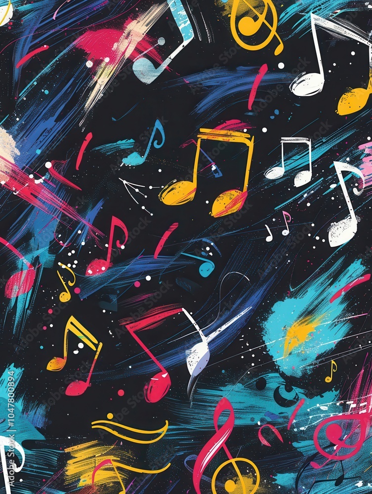 Poster A chalkboard displaying an array of colorful brushstrokes intertwined with musical notes and symbols, showcasing artistic creativity and expression. Generative AI