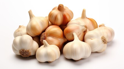 A pile of whole garlic bulbs on a white background.