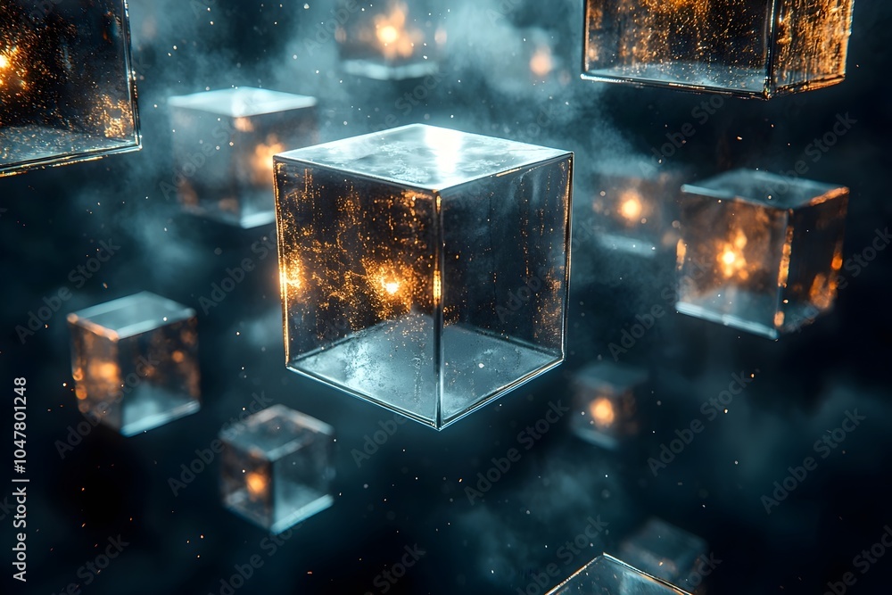 Poster a stunning abstract scene of illuminated glass cubes floating through a smoky atmosphere, creating a