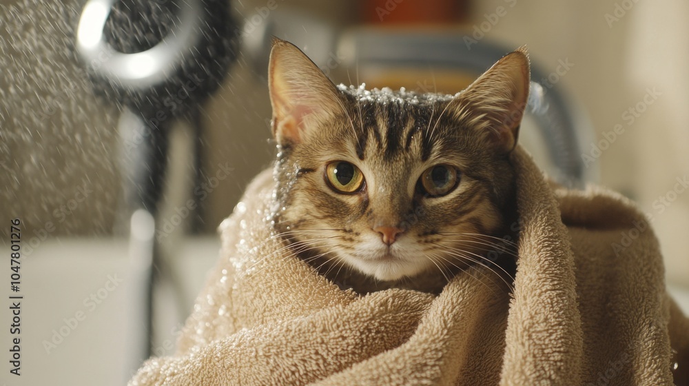 Poster cat wrapped in towel after bathing session