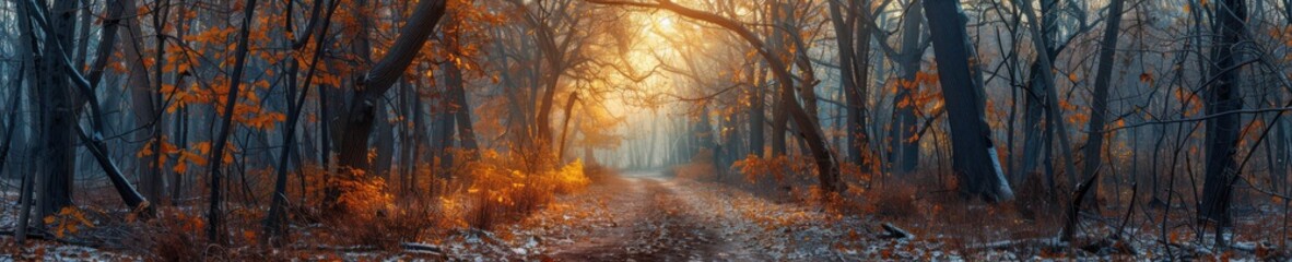 Fototapeta premium Atmospheric autumn forest with a sunlit path covered in orange leaves, creating a magical setting. Free copy space for banner.