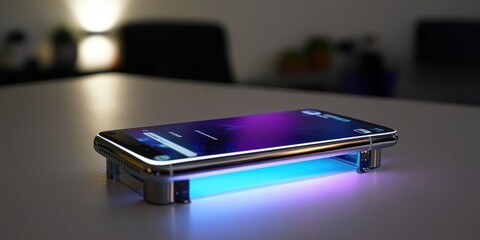 A modern smartphone charging on a wireless charging pad with blue and purple lights.