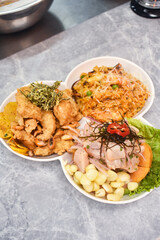 Fish ceviche and rice with seafood, traditional Peruvian dish of fish and seafood