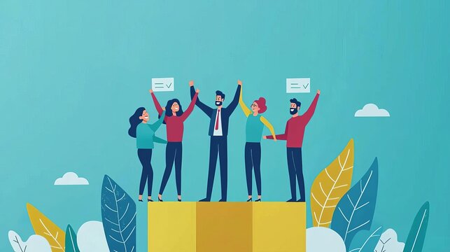 Business Team Building Goal Team celebrating small wins, goal tracking, no face, flat design illustration