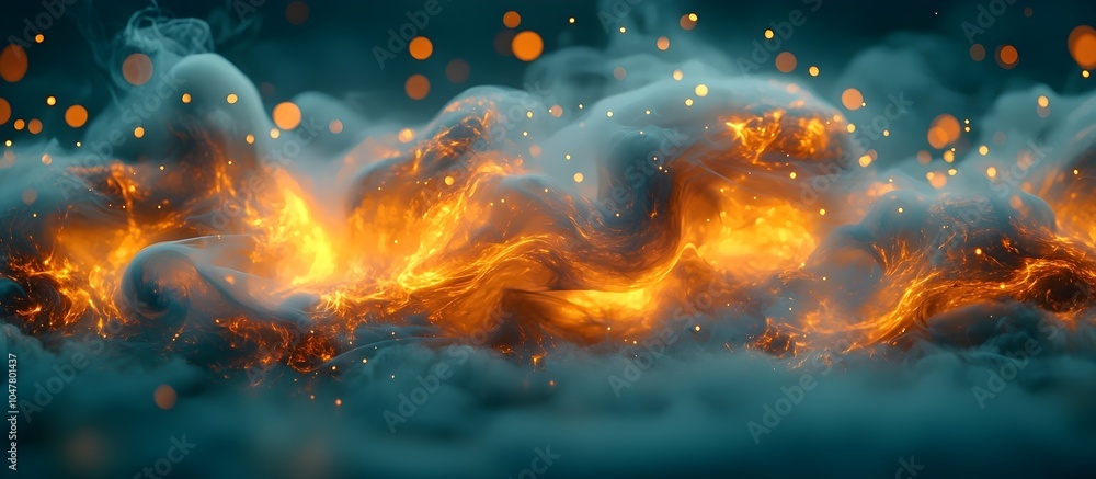 Poster An abstract representation of fiery flames intertwined with billowing smoke, creating a dynamic visual of warmth and energy in vibrant oranges and blues.