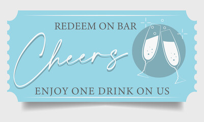 Coupon for one free drink. Blue coupon. Pastel color of the coupon. Enjoy one drink on us. Vector graphics. Wedding, birthday. EPS 10