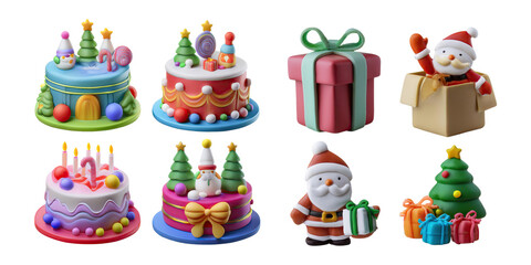 Colorful Christmas Cakes and Decorations, PNG collection, set bundle, isolate on transparent or white background