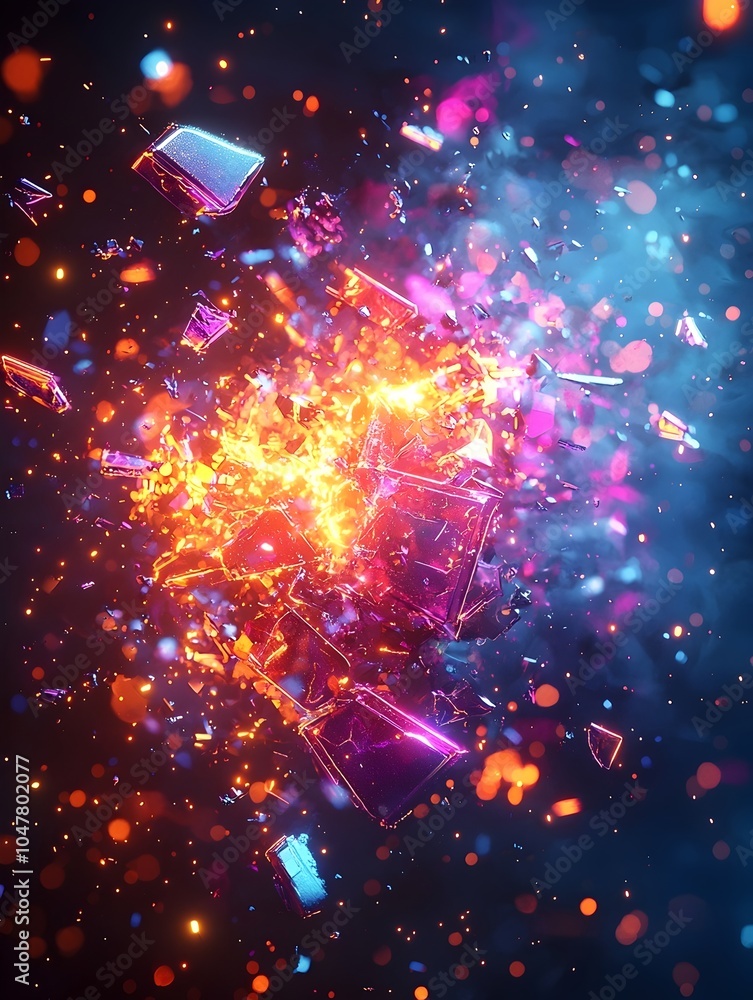 Poster abstract explosion of colorful shards radiating light, featuring vibrant blues, oranges, and purples