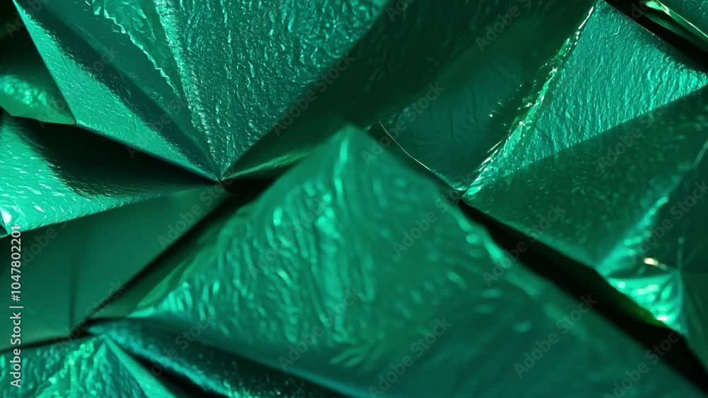 Aufkleber A close-up view of shiny emerald-green foil featuring complex folds and creases under bright light, creating a vivid texture. The reflections add depth and dimension to the scene.