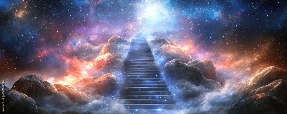 Poster A staircase to heaven rising above clouds with a galaxy in the background.