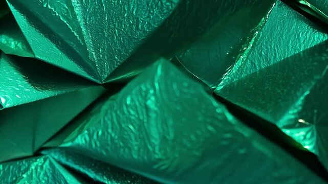 A close-up view of shiny emerald-green foil featuring complex folds and creases under bright light, creating a vivid texture. The reflections add depth and dimension to the scene.