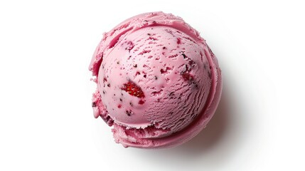 Fototapeta premium A single scoop of pink strawberry ice cream with visible strawberry chunks, isolated on a white background.
