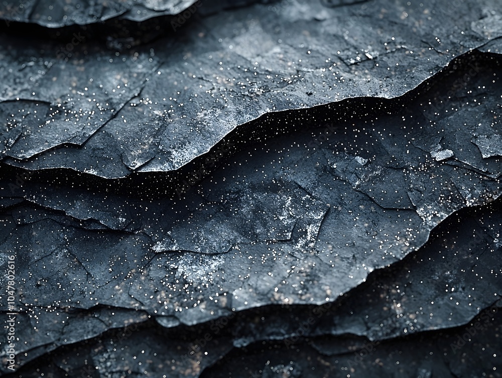 Aufkleber close-up of dark, textured layers resembling charred paper, showcasing glimmers of light on a rough 