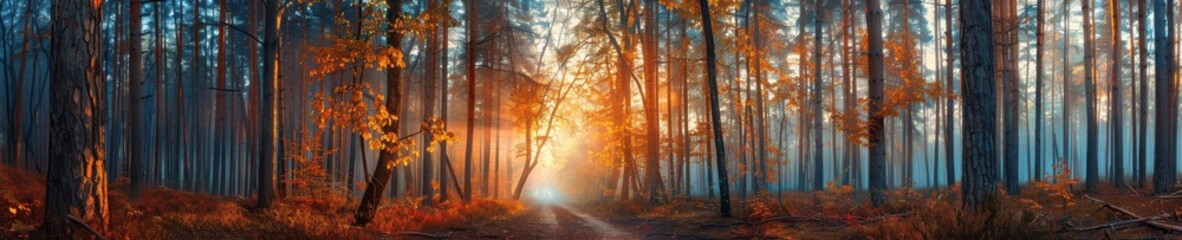 Atmospheric autumn forest with a sunlit path covered in orange leaves, creating a magical setting. Free copy space for banner.