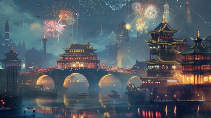 Nighttime cityscape with a bridge, pagodas, and fireworks