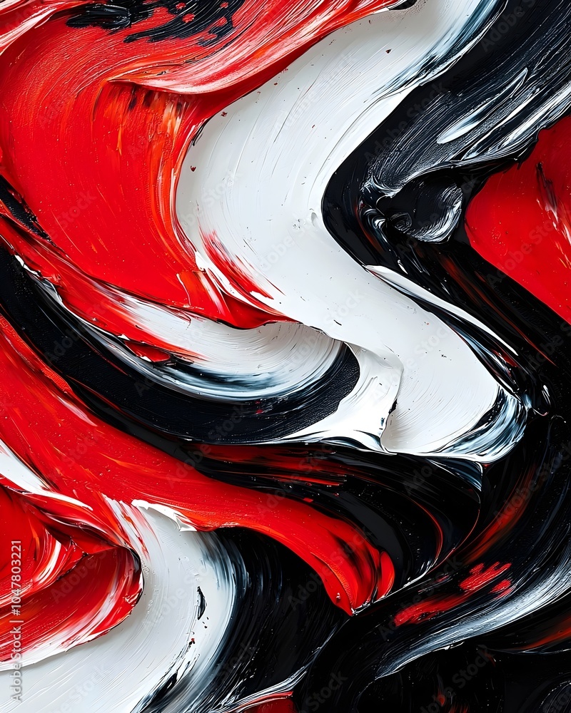 Poster an abstract pattern of vibrant red, black, and white paint swirls, creating a dynamic and energetic 
