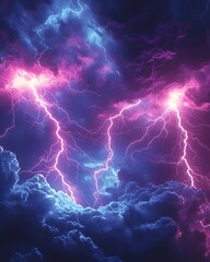 Obraz premium A stunning display of purple and blue lightning striking through dramatic storm clouds, creating an electric atmosphere filled with vibrant energy and awe-inspiring natural beauty.