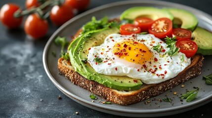 Delicious avocado toast topped with a perfectly poached egg and fresh cherry tomatoes on a stylish plate, ideal for breakfast or brunch.