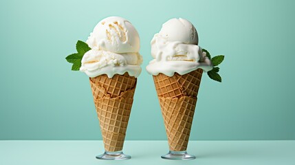 Two scoops of vanilla ice cream in waffle cones, with mint leaves, against a turquoise background.