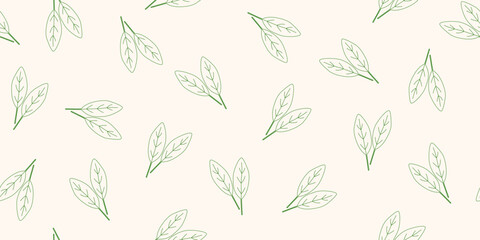 Fresh spinach leaves outlines on beige, seamless pattern background, vector