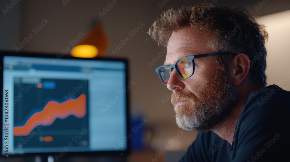 Poster a man with glasses focuses intently on a computer screen displaying an upward trending graph, symbol
