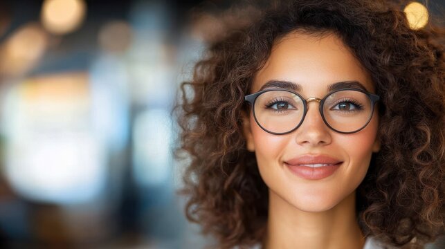 A confident young woman with curly hair and chic glasses smiles warmly in a modern atmosphere. The image conveys professionalism, accessibility, and a warm demeanor.