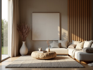 Scandinavian-Japanese Fusion Interior Mockup Featuring Blank Canvas in Simple Black Frame on Light Wood Floor