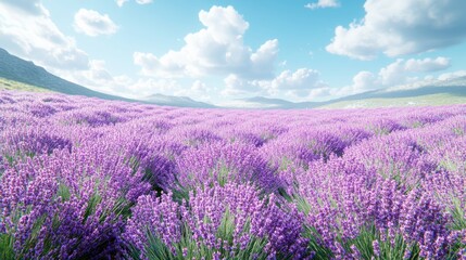 Obraz premium A vast field of purple lavender flowers stretches towards a blue sky and fluffy clouds.