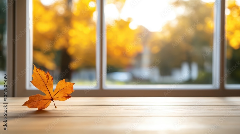 Aufkleber a serene view of a fallen autumn leaf placed on a smooth surface, accentuated by warm sunlight strea