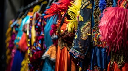 Rack of elaborate handmade costumes with beads and feathers are hanging backstage, ready for the artists to wear during a performance