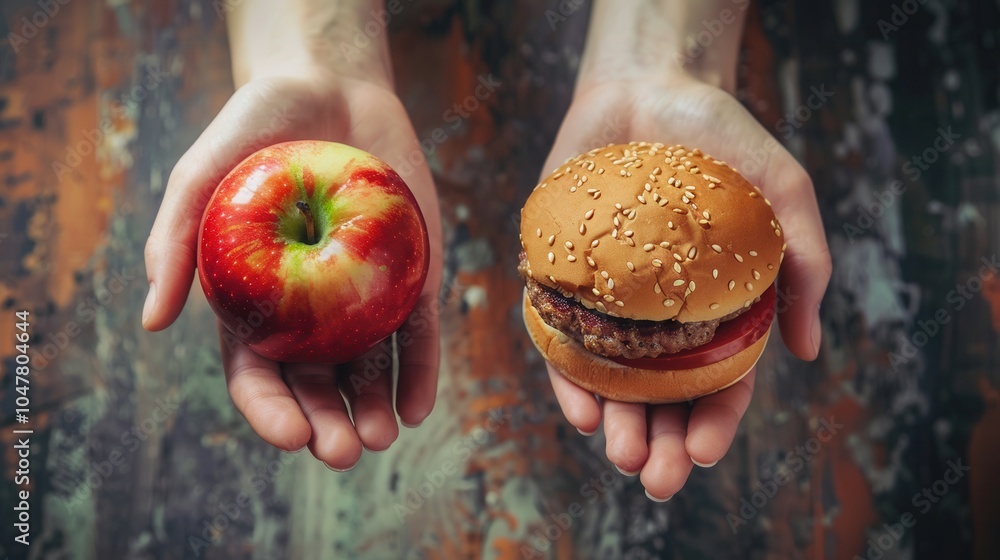Poster one hand presents a vibrant apple, while the other showcases a hamburger, highlighting the choice be
