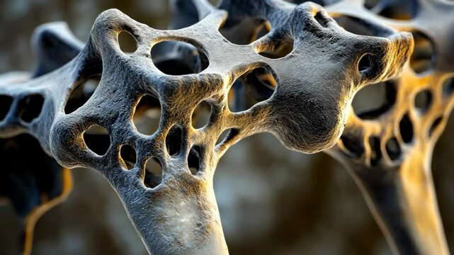 A close-up image of a bone with osteoporosis, showing the porous structure
