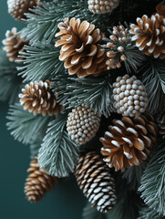 Fototapeta premium Frosted Pine Cones and Evergreen Branches Close-up in Teal Tones