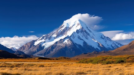 Golden-hued grasslands stretch toward a majestic mountain peak under a vast blue sky, offering a feeling of sublime beauty and tranquil serenity.