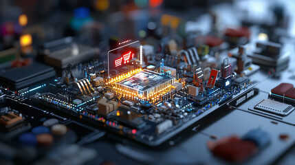 A digital shopping wishlist concept featuring circuit board with product icons and shopping cart symbol, representing modern technology and e commerce