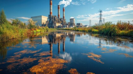 Obraz premium Industrial factory with smokestacks releasing pollution, discharging toxic waste into a river