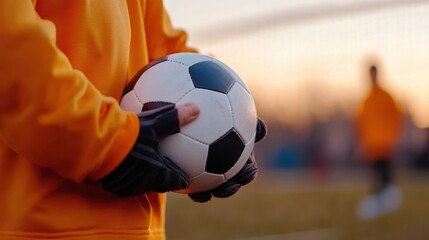 A soccer goalkeeper in an orange jersey stands ready on the field under the setting sun, cradling a soccer ball with black gloved hands, preparing for action.