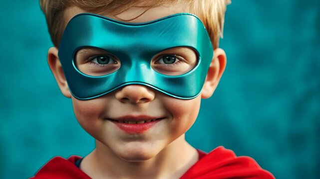 A young boy wearing a blue mask smiles at the camera, showcasing his playful and adventurous spirit