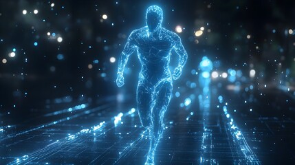 Athlete in holographic form, blue wireframe with glowing effects, running through a digital grid world, minimalistic, tech-heavy design, neon accents