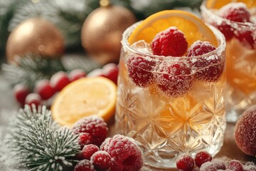 Festive Holiday Cocktail with Raspberries and Orange Garnish